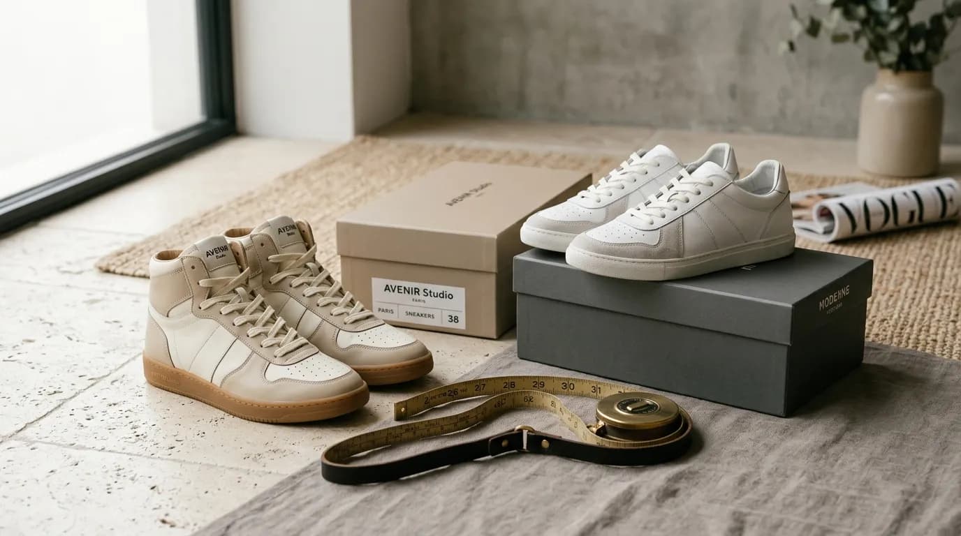 Minimalist women’s leather sneakers arranged with vintage measuring tape and designer shoe boxes illustrating EU, UK, and US shoe sizing.